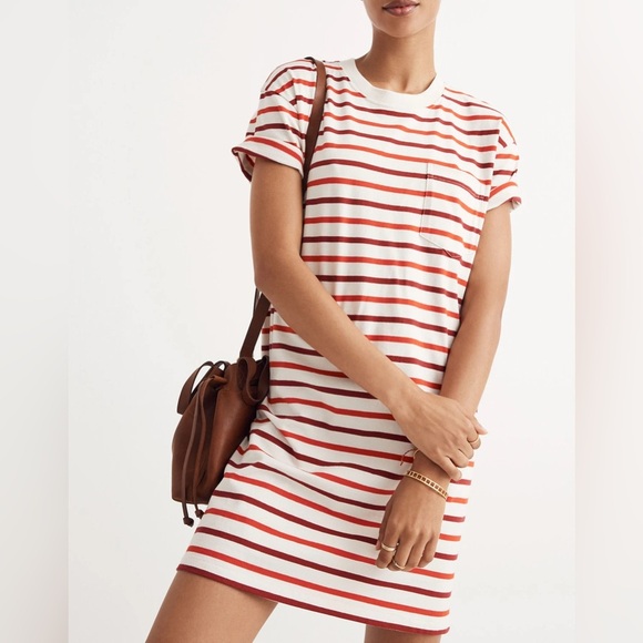 Madewell Pocket Tee Dress in Pablo Stripe Ripe Persimmon NWT - Picture 1 of 9